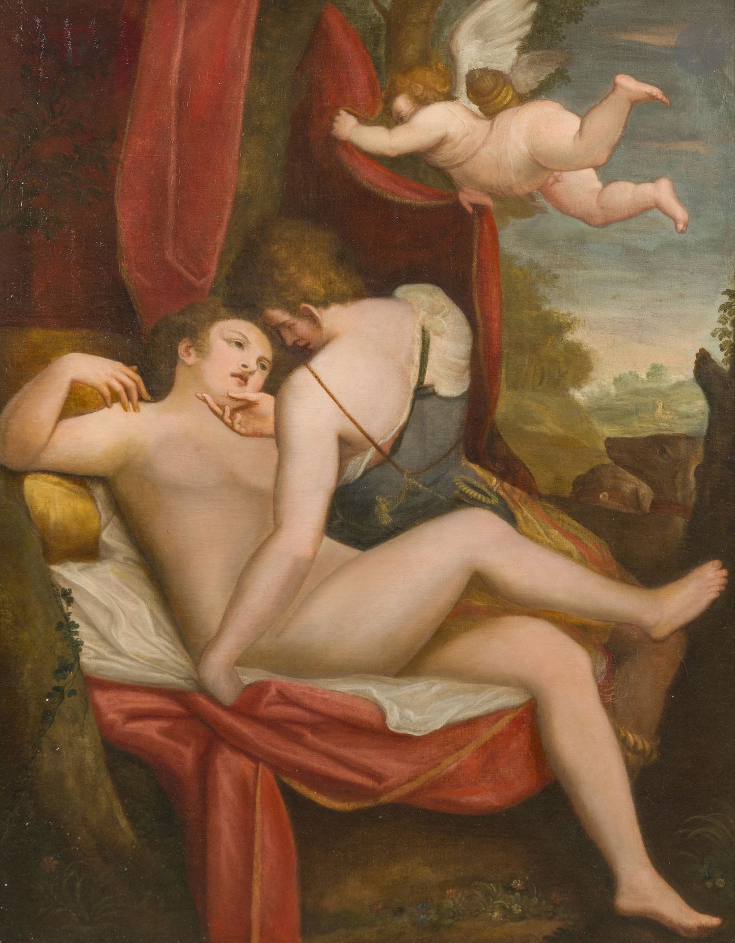 École ITALIENNE du XVIIe siècle, d'après Luca CAMBIASO (1527 - 1585)
Venus et Adonis 
Toile 
137 x 102 cm 
Restaurations anciennes