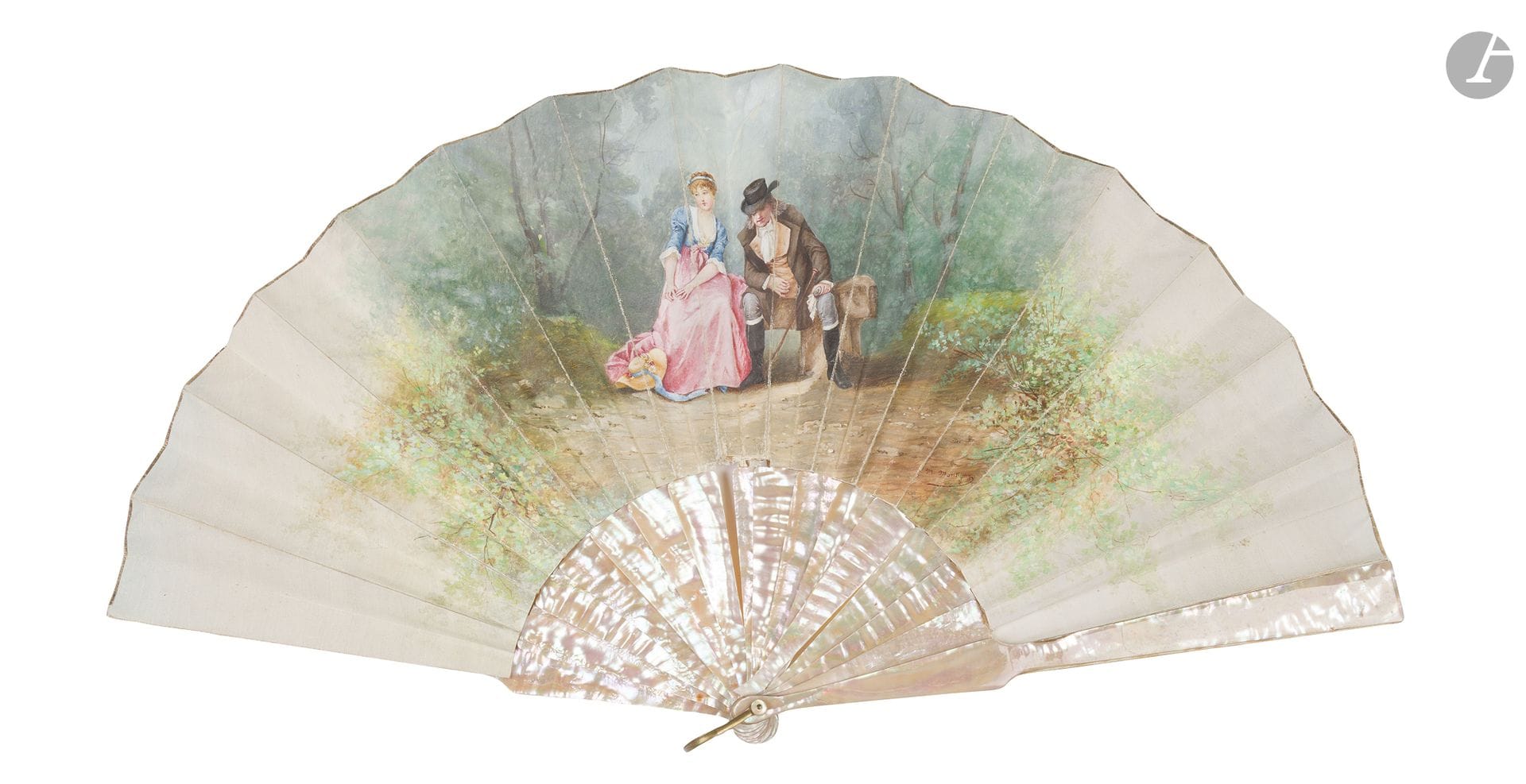 Gallant couple, France, circa 1870-1880 
Folded fan, the double skin sheet painted with gouache of a gallant couple 
in a country setting. Signed lower right "M. Montigny". 
The reverse is mute. 
Goldfish mother-of-pearl mounting. Metal hanger. 
H.t. 27.4 cm-H.f. 16.3 cm (wear, accidents)