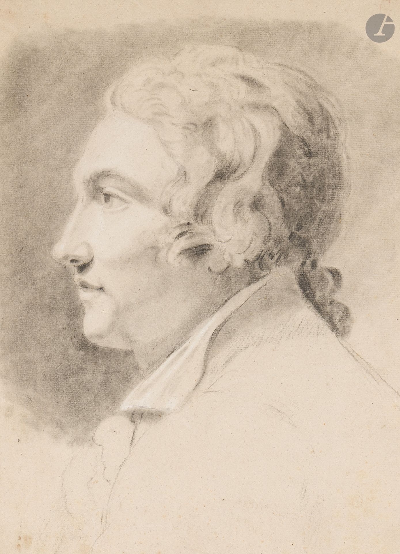 École FRANCAISE du XVIIIe siècle
Portrait d'homme de profil 
Crayon noir, estompe et rehauts de craie blanche
39,5 x 28,7 cm 
Plis et taches