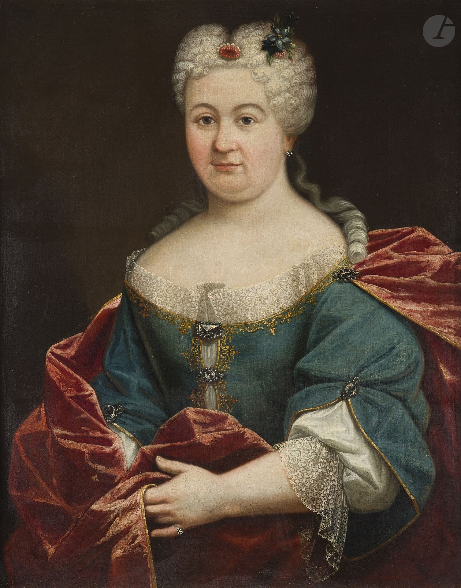 GAUGY***, École FRANCAISE du XVIIIe siècle
Portrait d'un homme de loi ; Portrait de femme au manteau rouge et fleurs dans les cheveux
Paire de toiles
80.5 x 65 cm
Porte une inscription au revers de la toile de rentoilage du portrait de femme "peint par gaugy / 1727"
Cadres anciens
Restaurations anciennes