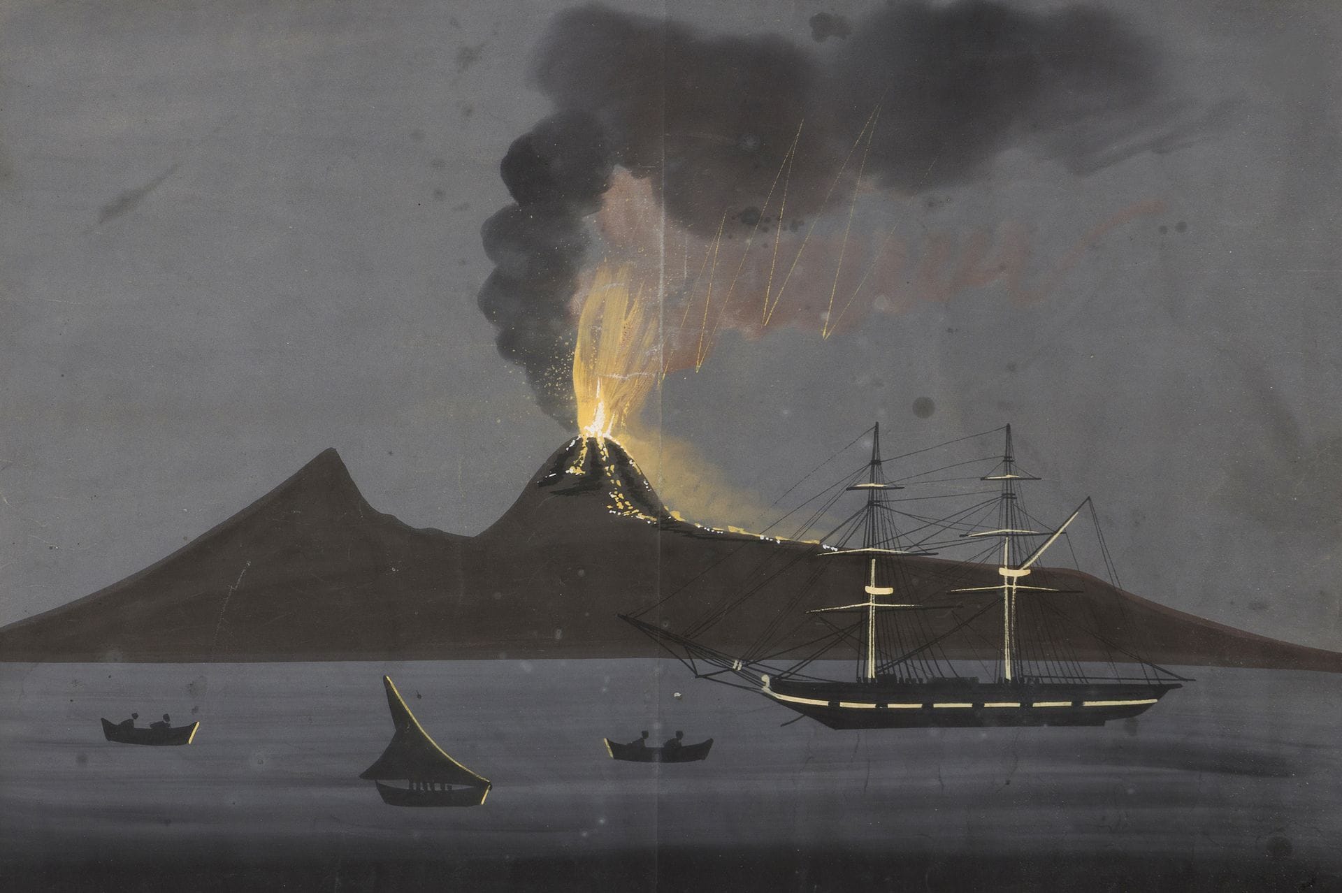 Late 19th-century to early 20th-century Neapolitan School 
View of Mount Vesuvius in Eruption
Gouache
56.5 x 71 cm
Stains, crease marks