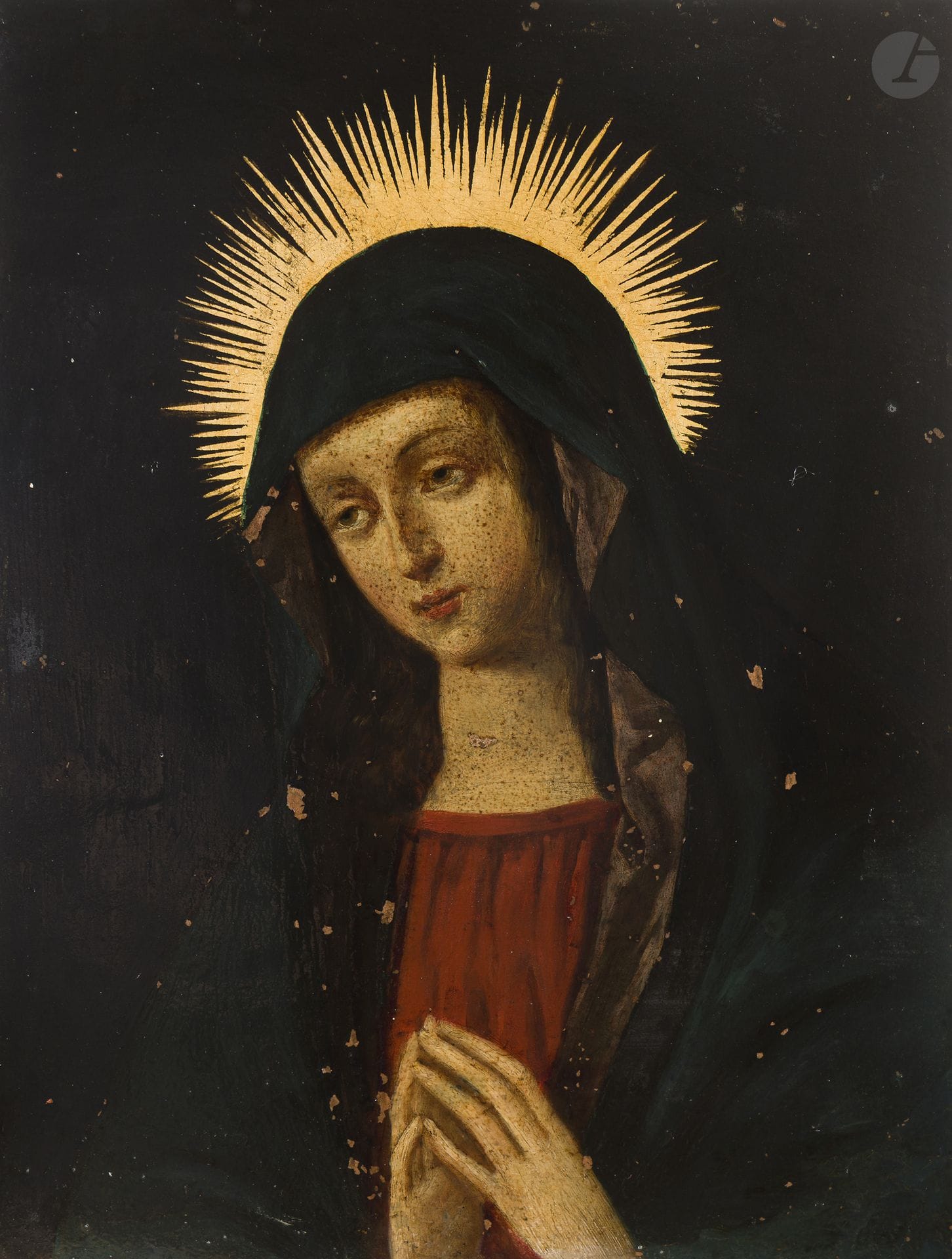 17th-century Flemish School
Praying Virgin
Brass
23 cm x 18 cm
Carved and gilded wooden frame
Missing sections and previous restorations