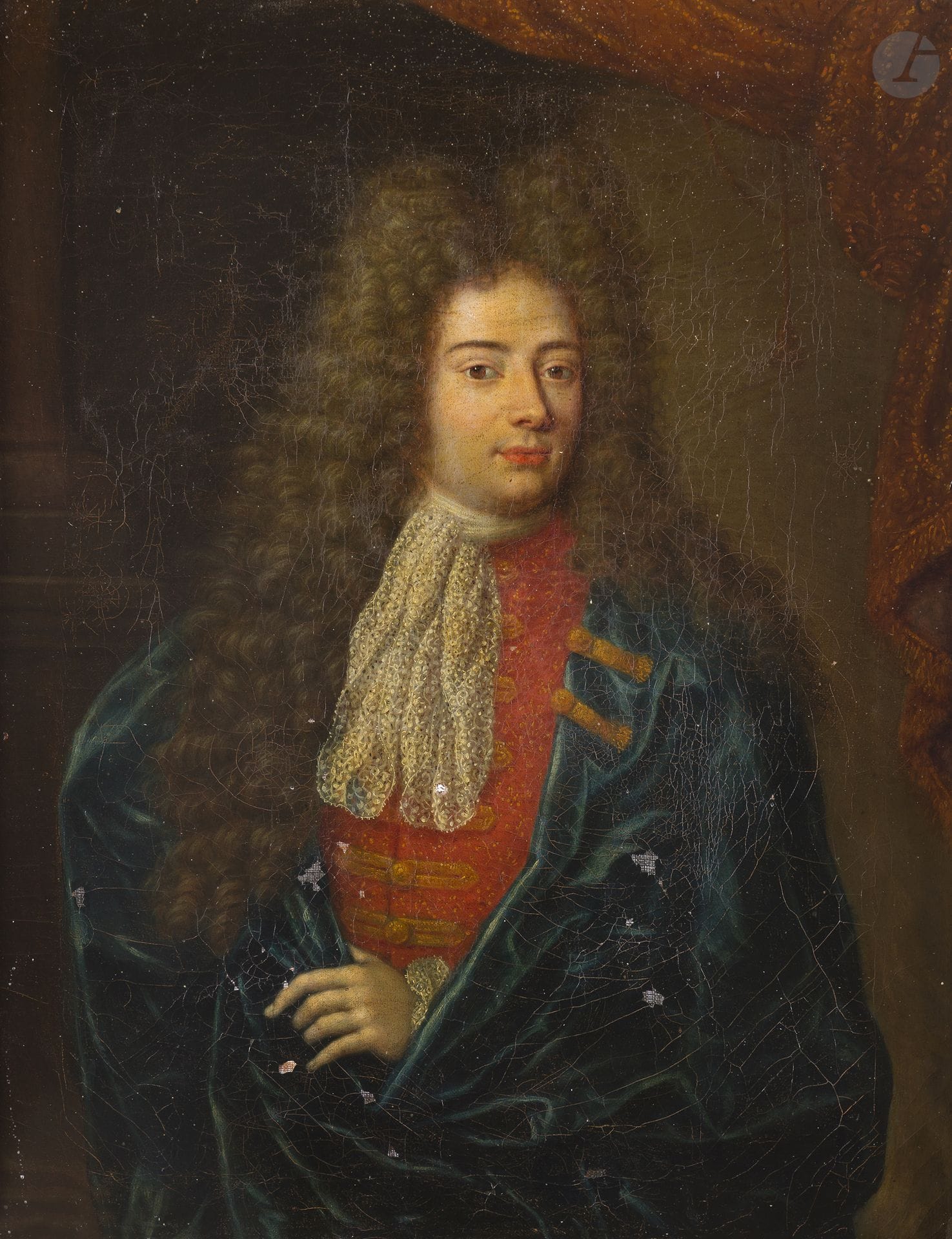 École FRANCAISE vers 1700
Portrait d'homme en manteau bleu
Toile d'origine
59,5 x 46 cm
Cadre d'origine en bois sculpté et doré
Manques et accidents