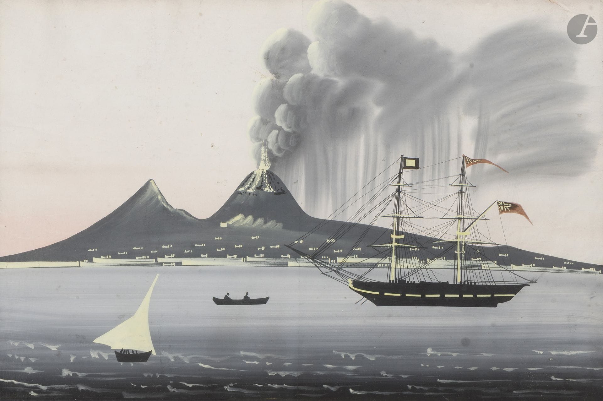 École NAPOLITAINE du XXe siècle
Vue de la baie de Naples et du Vésuve en éruption
Gouache
42 x 62 cm
Tâches, marque de pli, infîme accident