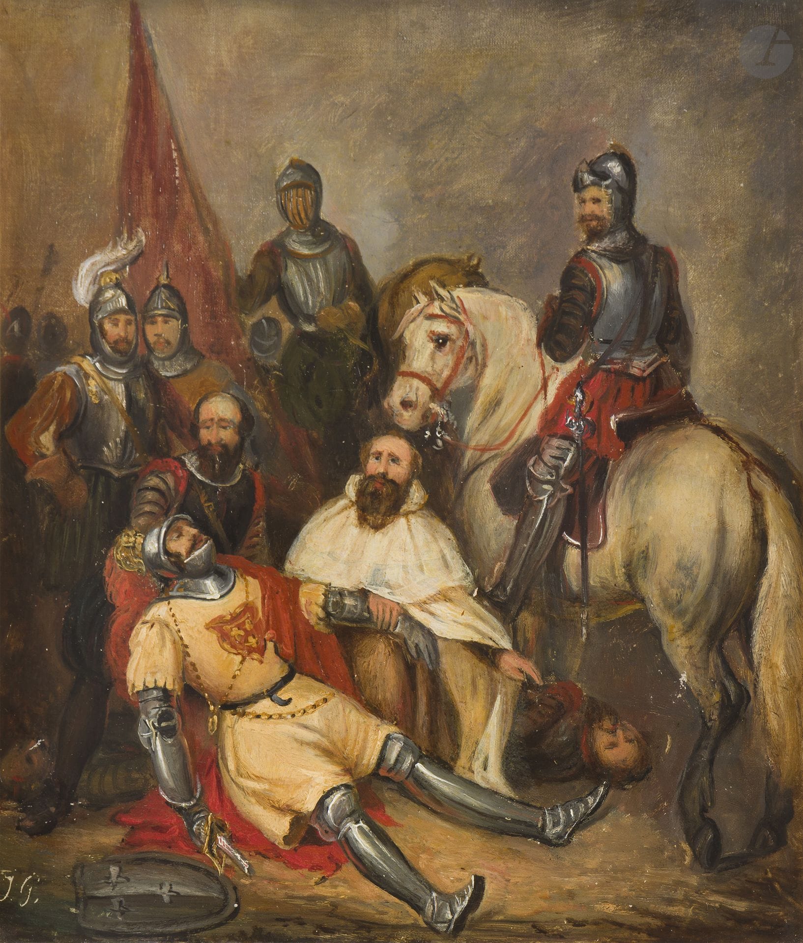 Attribué à Jacob GODINAU (1811 - 1873)
La mort de Roland
Toile d'origine (doublée d'un carton)
25,5 x 22,5 cm
Porte un monogramme en bas à gauche "J G" et une attribution récente au revers du cartonnage "Godineau"