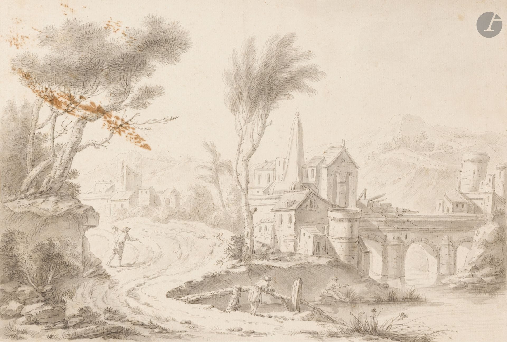 Jean-François CLERMONT dit GANIF (1717 - 1807)
Village en bordure de fleuve
Plume et encre grise, lavis gris sur traits de crayon noir, dessiné sur un montage préparé
26 x 38,7 cm
Rousseurs et taches