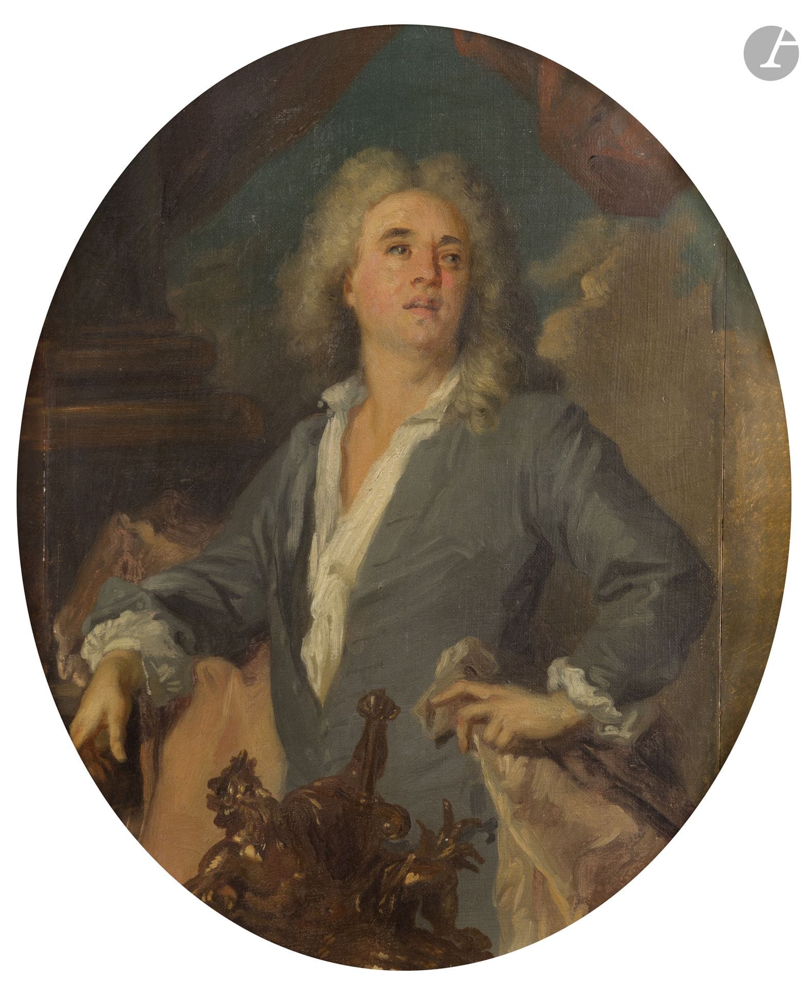 École FRANCAISE du XIXe siècle, d'après Jean-François DELYEN
Portrait de Guillaume I Coustou (1677 - 1746), sculpteur
Toile d'origine rectangulaire à vue ovale
52 x 32 cm
Agrandie à droite et à gauche de 4,5 cm ; dimensions actuelles 52 x 40,5 cm
Restaurations anciennes

Reprise d'une manière esquissée du morceau de Réception de Delyen à l'Académie en novembre en 1725 (toile, 130 x 97 cm) conservé au musée du Louvre (en dépôt au Château de Versailles).