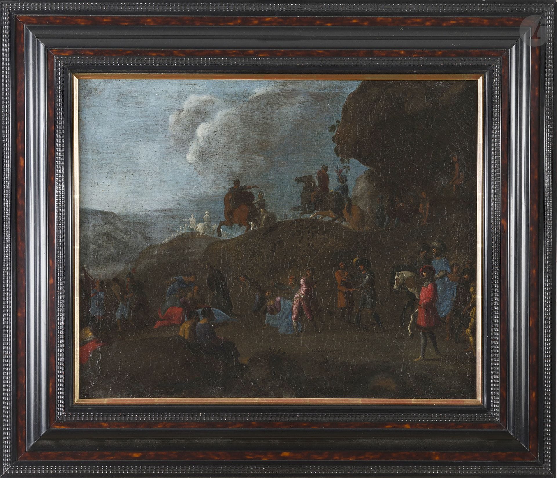Attributed to Filippo d'ANGELI known as Filippo NAPOLETANO (circa 1590 - 1629)
The Carrying of the Cross
Canvas
50.5 x 63 cm
Numbered on a label on the reverse of the stretcher "13".
Old restorations