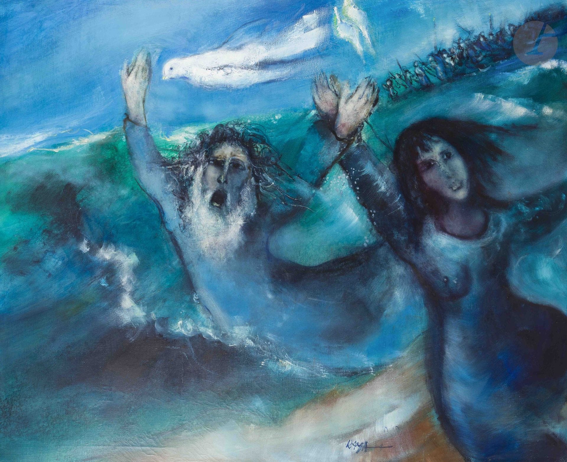 Alain RAYA-SORKINE (1936-2022) 
La Liberté, 1983 
Huile sur toile. 
Signée en bas à droite et signée, datée et titrée au verso. 
Tampon de l'atelier de l'artiste sur le châssis.
130 x 163 cm