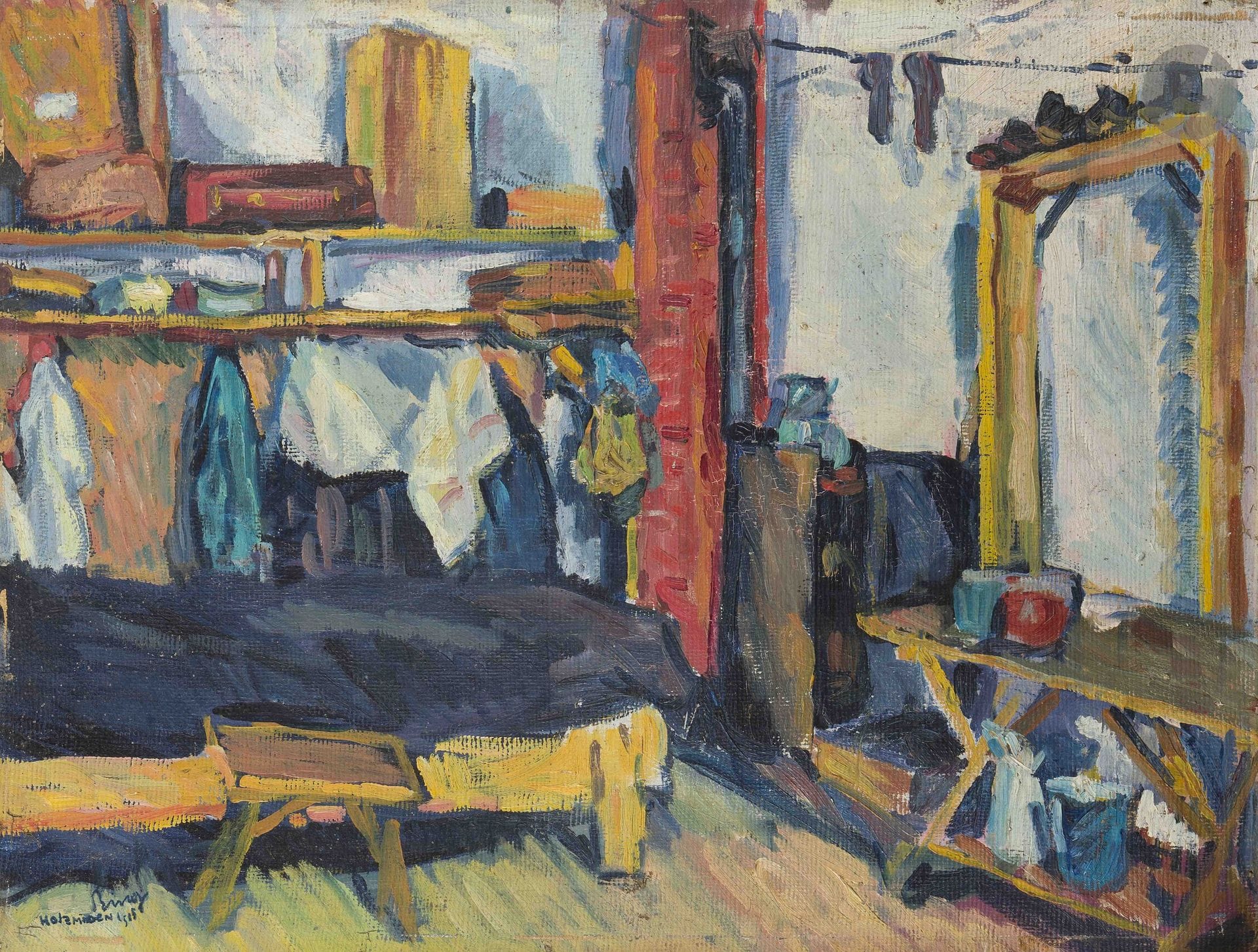 Henry BING (1888-1965)
La Chambre, vers 1915
Huile sur caton.
Signée, datée et située " Holzminden " en bas à gauche.
(Usures et carton gondolé).
51 x 68 cm