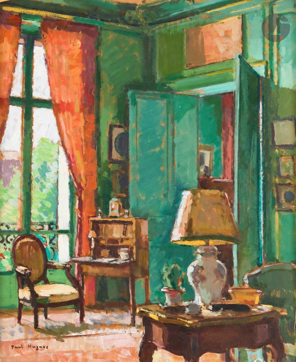 Paul Jean HUGUES (1891-1950)
Le Salon vert, 1926
Huile sur carton.
Signée en bas à droite.
46 x 38 cm

Exposition : 
Galerie Art Français, Paris (étiquette fragmentaire).