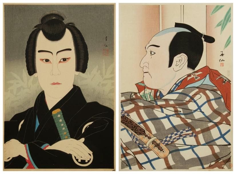 JAPON - XXe siècle Natori Shunsen (1886-1960)
Deux dai oban tate-e de la série des 36 portraits d?acteurs, Ichiikawa Sumizo dans le rôle de Gonpachi, Bando Mitsugoro dans le rôle du paysan Manbei. Signé Shunsen et suivi du cachet rouge de l?artiste. Tirage tardif pour le premier, tirage de 1927 pour le second. On y joint un chuban tate-e, portrait d?un acteur de face