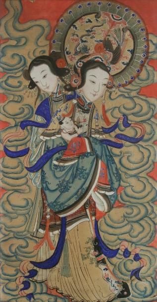 CHINE
Peinture en hauteur, polychromie sur papier, jeune femme debout portant un enfant devant une servante. Encadrée sous verre. H.: 107 cm