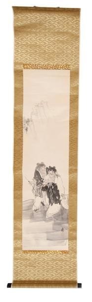 JAPON
Peinture en hauteur, encre et polychromie sur papier, deux hoho debout. Montée en kakemono. H.: 121 cm