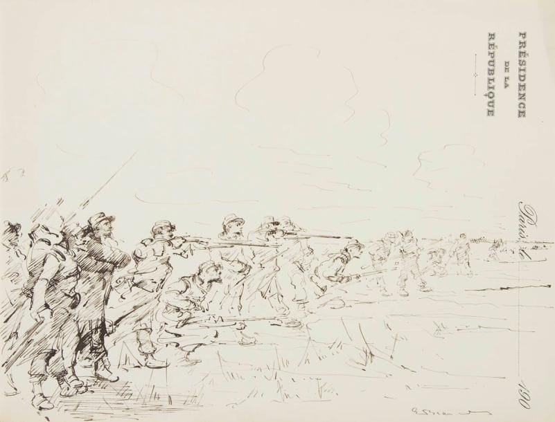 Étienne DUJARDIN-BEAUMETZ (1852-1913)
Études de fantassins français - Charges de fantassins - Soldat défonçant une porte à la hache Ensemble de treize dessins à l'encre de Chine, sur papier à en-tête de la Présidence de la République. Certains sont signés «E.BEAUMETZ», un est annoté «Conseil des Ministres 4 décembre 1906». 27 x 20 cm B.E. Biographie: Étienne Dujardin-Beaumetz participe en tant que volontaire à la guerre de 1870 ce qui influence sa carrière de peintre; il se consacre à la peinture de sujets militaires. Formé à l'École des Beaux-Arts par Louis Roux et le peintre Alexandre Cabanel, puis Émile Bin, il s'installe près de Montmartre. Il se lance par la suite dans la politique: député de l'Aude, puis Sénateur, il sera sous-secrétaire d'État aux Beaux-Arts de 1905 à 1912 mais n'abandonnera pas totalement ses premières amours, comme le prouvent ces dessins, réalisés durant cette dernière période.
