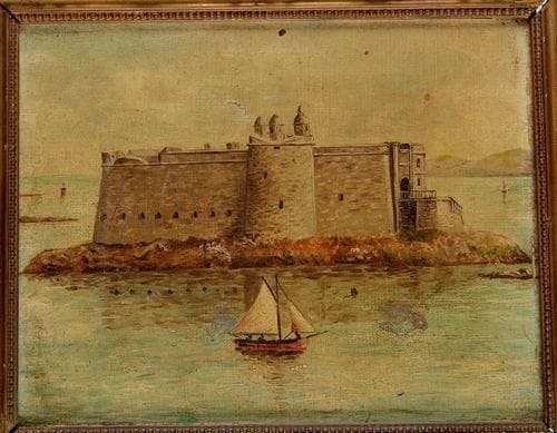Ecole française. Anonyme
Le Fort et Le Phare Deux huiles sur toile faisant pendant. 19 x 24 cm Cadres dorés (petits accidents et réparations).