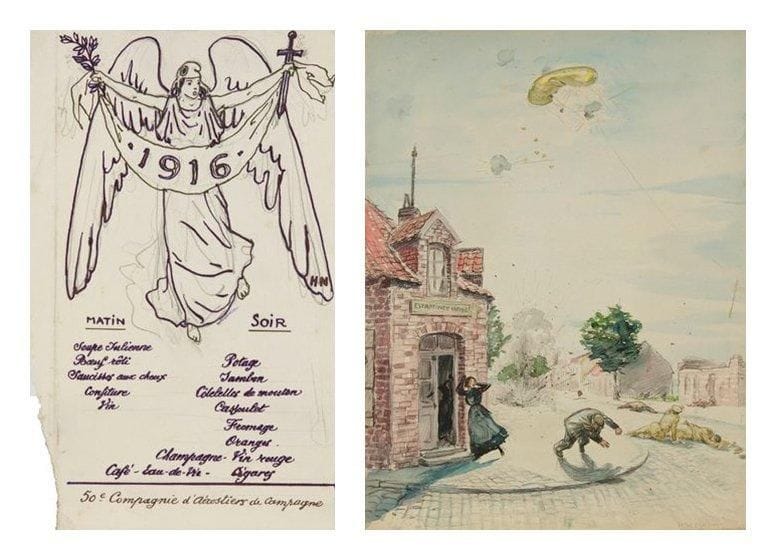 Henri GIRAULT DE NOLHAC (1884-1948)
Croquis de guerre Suite de dix-sept dessins au crayon noir, portraits de soldats, soldats anglais au défilé, ballons d'observation. Deux aquarelles dont une d'un soldat du 14e, signées en bas à droite. Sept menus de la 50e Cie d'aérostiers dont deux de la main de Nolhac. Dans un carnet de croquis à reliure toilée. B.E.