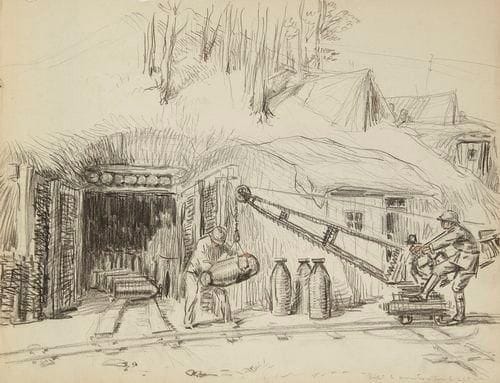 Henri GIRAULT DE NOLHAC (1884-1948)
Croquis de guerre, vers 1915-1916 Suite de dix-huit dessins au crayon noir (24 x 30 cm) représentant des portraits d'officiers et de soldats, une pièce d'artillerie de 240 mm, un affût de pièce de 240 mm, dépôt de munitions, chevaux, troupes d'Afrique, roulante de campagne et neuf aquarelles (24 x 14 cm) représentant des officiers français et britanniques et un soldat écossais jouant de la cornemuse. Dans un cahier à reliure toilée marquée «GUERRE». B.E.