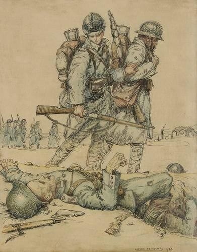 Henri GIRAULT DE NOLHAC (1884-1948)
L'Horreur de la guerre, vers 1917 Dessin à l'encre noire rehaussé d'aquarelle, signé et daté «1923» en bas à droite. 26 x 33 cm Présenté sous verre d'époque. A.B.E.