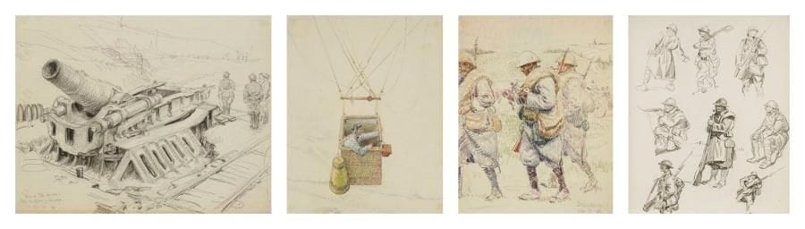 Henri GIRAULT DE NOLHAC (1884-1948)
Croquis de guerre Importante suite de 209 dessins au crayon noir (dont une vingtaine rehaussés de couleurs) comprenant: - Vues de soldats anglais, français (dont troupes d'Afrique), indiens et prisonniers allemands. - Vues de pièces d'artillerie, de ballons d'observation. - Vues de soldats et de tranchées à Suzanne en 1916. - Vues du front au Central d'Haudecourt (Somme), de Guillemont, Courcelles (Aisne), service religieux dans l'église détruite de Chivres, tranchées et poste de veilleur de 1ère ligne au bois de Maricourt. - Suite de quarante-huit fins portraits de soldats, nominatifs, de 1915 à 1918, dont fantassins, aviateurs, observateurs, etc. Dans un album relié (35 x 28 cm). B.E. Beau témoignage d'un artiste durant la Grande Guerre.