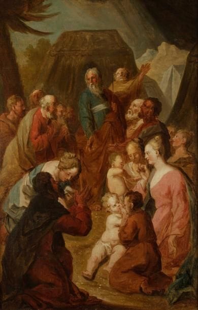 Bernard-Joseph WAMPS (Lille 1686-1750)
La récolte de la Manne Toile. 84 x 55,5 cm Porte deux inscriptions: une à l'encre au revers de la toile Coypel et une autre au revers du châssis Restout