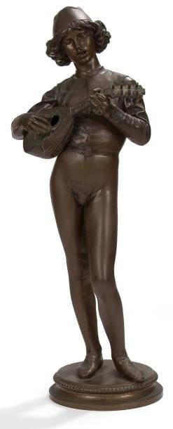 Paul DUBOIS (1827-1905)
Le chanteur florentin, 1865. Épreuve en bronze patiné brun. Signée et datée sur la terrasse. Signature du fondeur Ferdinand Barbedienne. Cachet de réduction mécanique Colas. H.: 63 cm