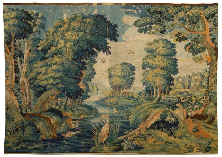 FLANDRES
Panneau en tapisserie figurant une scène de chasse dans une perspective paysagée de parc. XVIIe siècle. Manque la bordure, restaurations et faiblesse de trame. 240 x 440 cm