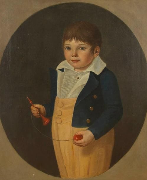 ÉCOLE FRANÇAISE VERS 1820
Jeune enfant au bilboquet Toile rectangulaire à surface peinte ovale. 62 x 51 cm Restaurations