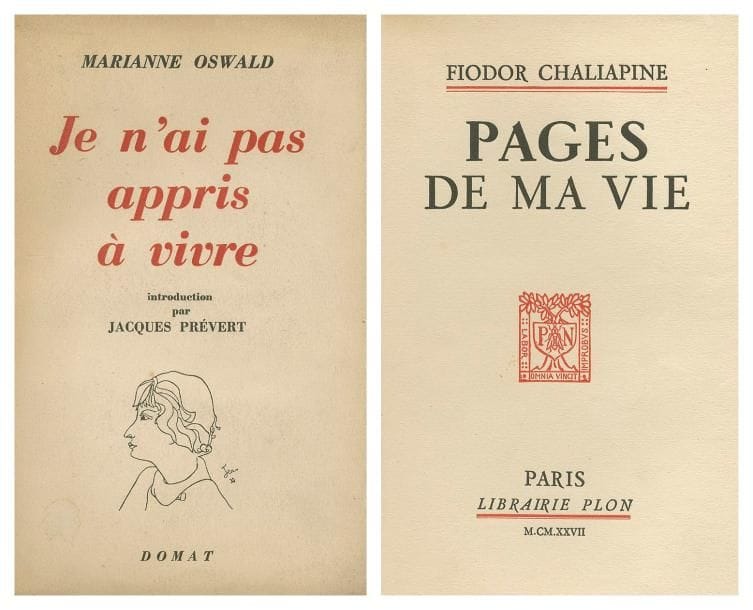 THÉÂTRE, etc. Réunion de 7 vol. in-8 br., la plupart en édition originale. CHALIAPINE (F.). Pages de ma vie. 1927; 1/30 sur Lafuma. - DONNAY (M.). Mes débuts à Paris. 1937; 1/40 sur Hollande; envoi autographe signé à Julia Bartet: «ces souvenirs d'un débutant qui n'aurait jamais osé espérer d'avoir un jour comme interprète l'admirable comédienne et la grande artiste qu'on appelait déjà la DIVINE!». - EPSTEIN (J.). Le Cinéma du Diable. 1947. - GEMIER. Le Théâtre. 1925; 1/30 sur Pur Fil. - MONFORT (S.). Les Mains pleines de doigts. 1959; 1/30 sur Marais. - OSWALD (M.). Je n'ai pas appris à vivre. 1948; sur Bouffant; envoi autographe signé. - VILAR (J.). Chronique romanesque; 1/20 sur vergé h.c