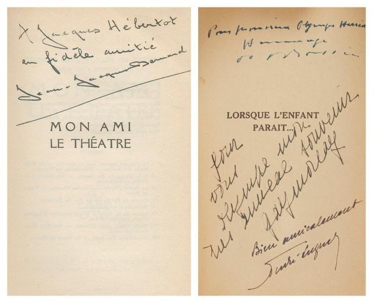 THÉÂTRE, etc. Réunion de 7 volumes in-8 ou in-12 br., certains en édition originale. BIRABEAU (A.). Tous Feux éteints. Souvenirs de Théâtre. 1971; 1/20 vélin crème. - BERNARD (J.-J.). Mon Ami le Théâtre. 1958; envoi autographe signé de Jacques Hébertot: «en fidèle amitié». - BRISSON (P.). Au Hasard des soirées. 1935. - Du Meilleur au Pire. 1937; envois autographes signés. - SAINT GEORGES DE BOUHELIER. L'Impératrice aux Rochers. Miracle en 5 actes; envoi autographe signé. - SÉE (E.). Le Théâtre des Autres. Critiques dramatiques. 1911-1913; envois autographes signés à Fernand Gregh: «que j'admire et que j'aime»