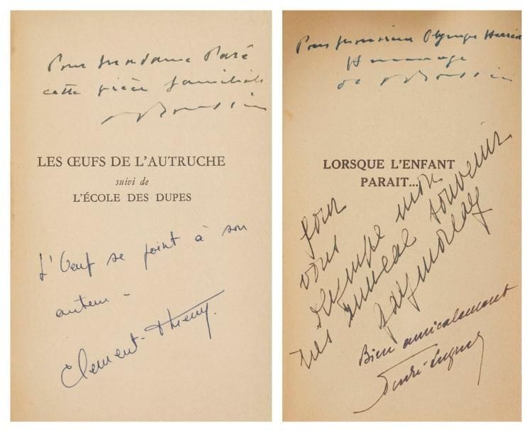 THÉÂTRE. Réunion de 6 vol. in-12 ou in-8 br.; 3 couv. ill, certains en édition originale. CROISSET (F. de). L'Invasion au Théâtre. 1928; Arches avec envoi autographe signé. - FABRE (E.). Notes sur la mise en scène. 1933; Arches, signé. - TISSIER (Jean). Sans maquillage. 1945; envoi autographe signé à Josy et André Bernard: «si gentiment attentifs à ma carrière». - POTTECHER (Maurice). Les Joyeux contes de la cigogne d'Alsace; envoi autographe signé à Léon Daudet «en souvenird'un ami d'il y a bien des jours...». - ROUSSIN (André). Les Oeufs de l'Autruche. 1950; envoi autographe signé: «cette pièce familiale»; également signé par l'acteur qui jouait le rôle du fils, Thierry Clément: «L'Oeuf se joint à son auteur». - Lorsque l'Enfant paraît. 1953; envoi autographe signé; également signé par Gaby Morlay et André Luguet qui jouaient dans cette pièce les rôles de Olympe et Charles Jacquet