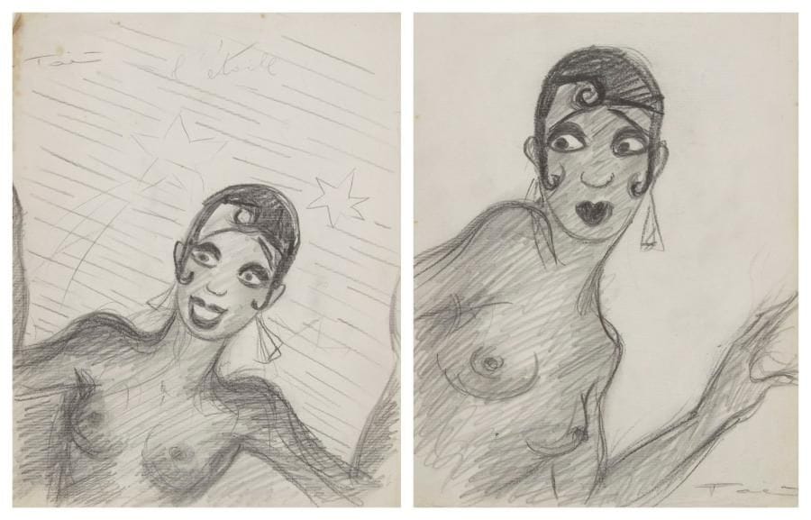 [Joséphine BAKER (1906-1975)]
Antoine Antona dit TOÉ (1903-1989). 2 dessins originaux au crayon, signés «Toé»; 27x21cm chaque. 2 dessins de Joséphine BAKER dansant, à mi-corps, les seins nus