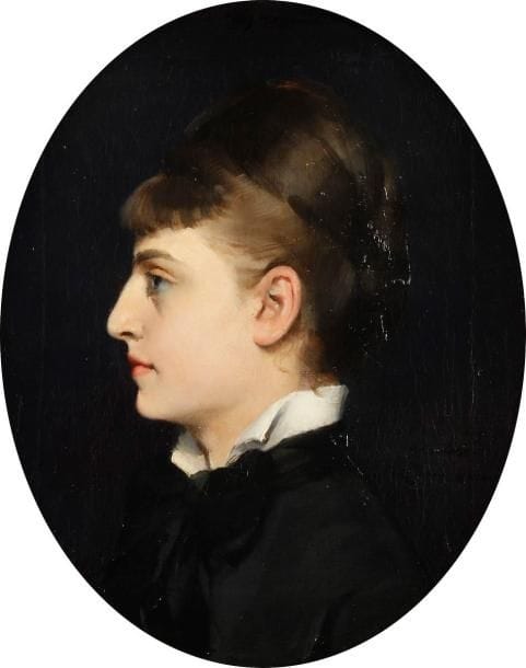 Louise ABBEMA (1858-1927)
Renée de Pont-Jest. Huile sur toile, dédicacée et signée sur la droite: «Pour pont/souvenir/Louise Abbema». 46x38cm à vue, dans un cadre ovale aux armoiries des Pont-Jest.  Beau portrait de profil de la mère de Sacha Guitry, la comédienne Renée de PONT-JEST (1858-1902); elle épousa Lucien Guitry à Londres en juin 1882, avec Sarah Bernhardt pour témoin. Louise Abbéma fut le professeur de dessin de Renée de Pont-Jest. Jusqu'à la fin de sa vie, Sacha Guitry voulut que ce portrait de sa mère fût au-dessus de son lit (voir n°773). Exposition Sacha Guitry et ses amis (Musée du Luxembourg, 1985), n°427bis