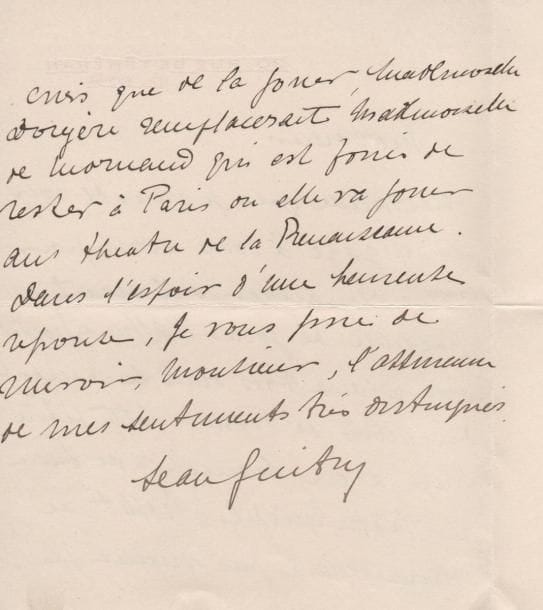 Jean GUITRY (1884-1920) comédien et journaliste, frère aîné de Sacha Guitry
2 L.A.S., [1903-1910?]; 3 pages et demie in-8, la première à en-tête Théâtre de la Renaissance. [Décembre 1903?], à Maurice DONNAY, demandant des places pour la générale au Gymnase [Le Retour de Jérusalem]: «Je vous demande cela au nom de toute la famille car je serai le seul à pouvoir aller vous applaudir»... 20 rue de Téhéran, [vers 1910?], demandant de reprendre aux Beaux-Arts L'Affreux Homme de MIRANDE: «cette petite pièce a eu beaucoup de succès au Théâtre Michel. NOBLET ne demanderait pas mieux je crois que de la jouer, Mademoiselle Dorgère remplacerait Mademoiselle de MORNAND qui est forcée de rester à Paris où elle va jouer au Théâtre de la Renaissance»... On joint une photographie du cortège des obsèques de Jean Guitry (20 septembre 1920), mené par Lucien et Sacha (barbu)