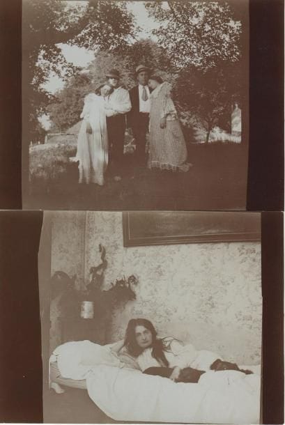 [Sacha GUITRY]
10 Photographies d'amateur, [août 1907]; 9x12cm chaque en tirage argentique d'époque en bistre. SéRIE DE PHOTOGRAPHIES DE SACHA GUITRY, CHARLOTTE LYSES ET LEURS AMIS, prises au New Cottage à Honfleur, quelques jours avant ou après le mariage (14 août 1907). Charlotte Lysès allongée sur un lit; Charlotte et Sacha s'embrassant; le couple Guitry et le couple Jean Daragon-Marguerite MORENO; Moreno menaçant d'un fusil Guitry, Daragon et un ami; scènes de lutte, etc