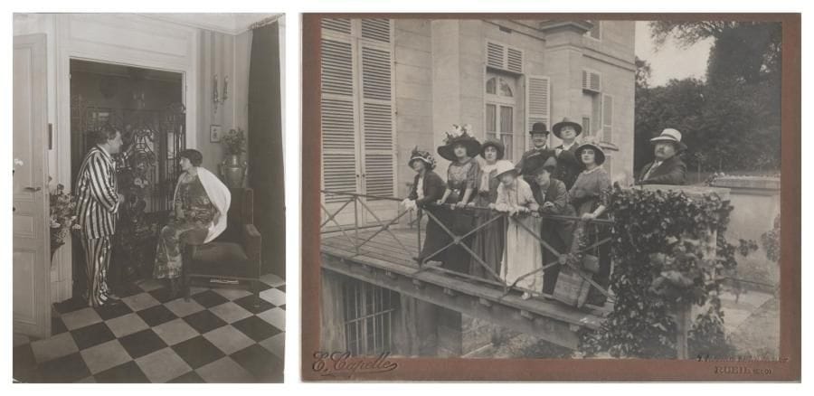 [Charlotte et Sacha GUITRY]
3 Photographies, [1907-1913]; tirages argentiques d'époque. Charlotte et Sacha Guitry chez eux, 8 rue d'Anjou; Sacha est en pyjama rayé (photographie Henri MANUEL, avec cachet encre au verso; 23,3x17,2cm). - Avec des amis à la Malmaison: Andrée Mégard, Yvette Cambell, Jeanne Fusier-Gir, Charlotte, Firmin Gémier, Suzanne Després, Sacha, Mme Tourneur et Jean Ajalbert (photographie E. Capelle à Rueil, sur carte à son nom; 18x24cm). - Charlotte et Sacha avec le chien Dickens dans le parc de Chez les Zoaques, à Yainville-Jumièges (11,3x8,5cm). ON JOINT 2 retirages: Charlotte et Sacha chez eux; avec Maggie Gauthier, Paul Clerget et Antoine