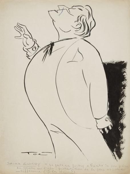 Antoine Antona dit TOÉ (1903-1989)
Sacha Guitry, [fin 1937?]. Encre de Chine, signée en bas à gauche. 31,5x24cm Cette caricature, réalisée à l'époque de Quadrille (création le 23 septembre 1937 au théâtre de la Madeleine, et sortie du film le 25 janvier 1938), montre Guitry torse bombé, et la main droite levée; selon Jules Renard, dont la phrase est copiée au bas du dessin, «le geste que Guitry a hérité de son père: la main en l'air, protestation de la plus absolue indifférence»