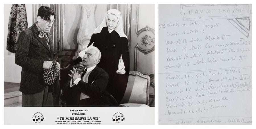 Sacha GUITRY
Tu m'as sauvé la vie, film, [1950]. Tirage ronéoté, brochure in-4 de [1]-130p., couverture cartonnée beige, cachet encre Les Films Minerva. Plus une P.A.S., Plan de travail, [1950]; 3 pages in-4. SCéNARIO DU FILM tourné en mai 1950, d'après la comédie créée le 15 décembre 1949 aux Variétés par Sacha Guitry, Fernandel, Lana Marconi, Jeanne Fusier-Gir, etc., et sorti sur les écrans le 20 septembre 1950. Découpage (sur la partie de gauche) et dialogues, en 251 séquences. PLAN DE TRAVAIL pour le tournage du film du 10 au 22 avril (le film sera en fait tourné en cinq jours, à partir du 22 mai); deux autres feuillets donnent les disponibilités de Fernandel, et un calendrier pour les reprises de la pièce en avril-mai. On joint 15 photographies d'exploitation du film au nom du Comptoir Français du Film; la plaquette promotionnelle éditée par les Films Minerva; plus 8 tirages modernes