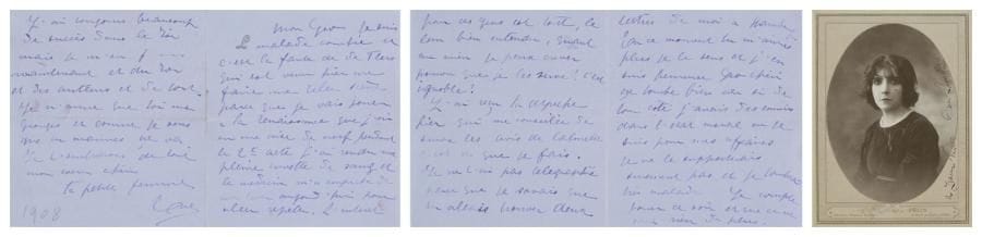 Ève LAVALLIÈRE (1866-1929) actrice
3 L.A.S. «Eve» et une carte postale a.s., 1908-1911, au baron de LUCIUS, à Hambourg puis à Saint-Pétersbourg; 4 pages in-12 chaque à son chiffre avec enveloppes, et carte postale illustrée de sa photographie avec adresse. CORRESPONDANCE AMOUREUSE à son «Geo chéri», baron allemand, son amant et protecteur. [22 octobre 1908]. Elle est malade: «c'est la faute de de Flers qui est venu hier me faire une telle scène parce que je vais jouer à la Renaissance que j'ai eu une crise de nerf pendant le 2e acte. J'ai rendu une pleine cuvette de sang et le médecin m'a empêché de me lever aujourd'hui pour aller répéter. L'intérêt pour ces gens est tout, le leur bien entendu, quant au mien je peux crever pourvu que je les serve! c'est ignoble!». Elle va suivre ses conseils et les avis de CALMETTE; et il trouvera ses lettres à Hambourg: «En ce moment tu m'aimes plus je le sens et j'en suis heureuse [...]. j'ai toujours beaucoup de succès dans le Roi mais je m'en fous maintenant du Roi et des auteurs et de tout. Je n'aime que toi mon Georges». Elle signe: «Ta petite femme Eve»... [9 mai 1911]. Elle a été malade: «toute cette nourriture d'hôtel m'a fichu une telle inflammation d'intestin que je viens d'avoir une crise». Elle part demain pour Évian faire «un régime qui je l'espère va me retaper complètement». Elle se réjouit de savoir que «ton Empereur a été gentil avec toi», l'assure de son amour infini, etc. [26 juin 1911]. Elle le félicite pour sa nomination: «Je ne peux pas te dire à quel point je suis content! Ils y ont mis le temps à te nommer! [...] ta petite femme est fière de toi. Un Conseiller!! qui donne des conseils, c'est épatant!» Elle va s'installer à Versailles et prie Geo de lui envoyer de l'argent pour ses frais, etc.  On joint le livre de Lucie DELARUE-MARDRUS, Ève Lavallière (Albin Michel, 1935, coll. Les Grandes Repenties), avec envoi a.s. de l'auteur au baron von Lucius (les lettres ci-dessus sont citées dans l'ouvrage, in-12 broché); et une belle photographie déd