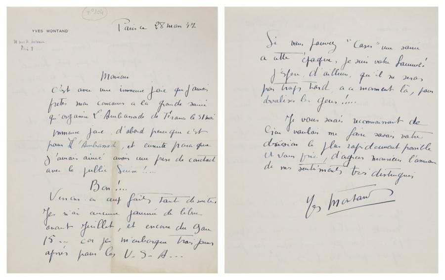 Yves MONTAND (1921-1991)
L.A.S., Paris 28 mars 1947; 2 pages in-4 à son en-tête. C'est avec grand plaisir qu'il aurait aimé prêter son concours à la grande soirée organisée par l'Ambassade de France, d'autant qu'il «aurait aimé avoir une prise de contact avec le public Suisse!». Mais il n'est pas libre avant juillet, «et encore du 9 au 15 car je m'embarque trois jours après pour les U.S.A. Si vous pouvez me "caser" une soirée à cette époque, je suis votre homme! J'espère, d'ailleurs, qu'il ne sera pas trop tard, à ce moment là, pour dévaliser les gens!»