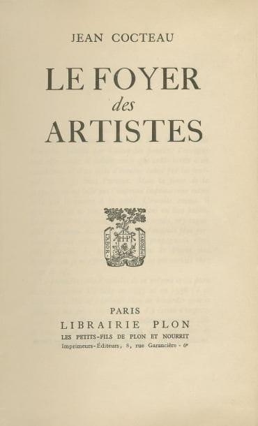 COCTEAU (Jean)
Le Foyer des Artistes. Paris, Plon, 1947; in-8 br., non rog. Édition originale. Un des 16 exemplaires du tirage de tête sur Japon Impérial, celui-ci étant l'un des 6 hors-commerce