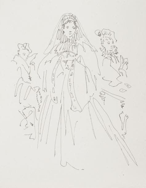 [COCTEAU (Jean)]
Reines de la France. Texte de Guillaume, préface de [...]. Eaux-fortes de Christian Bérard [Paris, Imprimerie Nationale, 1949]; in-4 en ff., couv., emb. ill. Édition originale. 40 pointes sèches de Christian Bérard, dont 20 à pleine page. Exemplaire sur vélin (sans la justification du tirage), accompagné d'une suite des bandeaux et hors-texte sur papier bleu et d'une suite des gravures d'essai sur papier rose