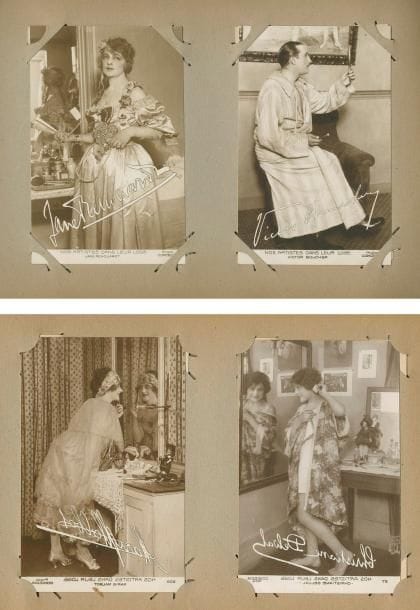 COMÉDIENS, etc. Réunion de 246 cartes postales, réunies en un album in-4 obl. un peu usé. Le Bargy, B. Bovy, Dussane, Escande, P. Mounet, S. Bernhardt, Réjane, D. Grey, S. Judic, A.Cocéa, C. Laparcerie, A. Tissot, Gémier, V. Francen, Lugné-Poë, M. Moreno, M. Marquet, Mistinguett,J. Coquelin, H. Baur, G. Dorziat, M. Dearly, Polavie,  T. Bernard, J. de Féraudy, J. Yonnet, P. Bertin, Damia, Dranem, Polin, F. Mayol, H. Varna, Musidora, M. Chevalier, Tikanowa, V. Hyspa, Saint-Granier, M. Linder, R. Clair. La grande majorité fait partie de la série «Nos Artistes dans leur loge» avec fac-similés de signatures
