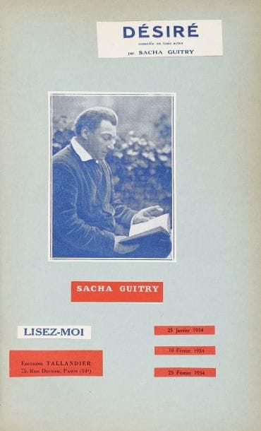 GUITRY (Sacha)
Pièces publiées en revues, 1934-1935; 3 vol. in-8, textes découpés et collés sur ff. de papier fort bleu-gris, reliés toile imprimée à motifs floraux, pièce de titre au dos en maroquin vert (Lucie Weill). Exemplaires personnels de l'auteur. Désiré, comédie en trois actes, dans Lisez-moi (27 janvier, 10 et 24 février 1934). Le Nouveau Testament, comédie inédite en quatre actes, dans Candide (17 et 24 janvier 1935). Un tour au Paradis, comédie en quatre actes, dans Le Nain Vert (20 octobre, 5 et 20 novembre 1935). Luxembourg 147-149