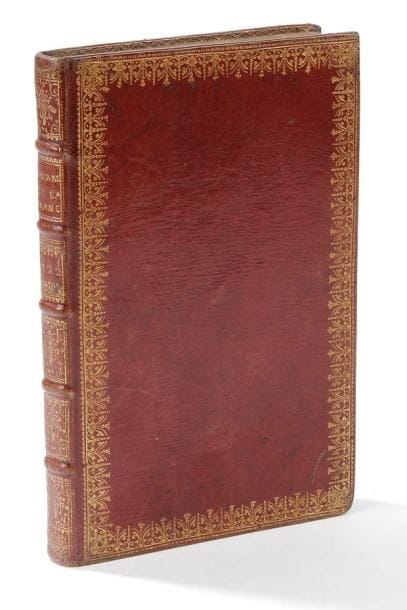 VALEROT (Guillaume)
Journal de la France, contenant par chaque mois Ce qui s'est passé de plus memorable depuis l'Origine de la Monarchie jusqu'à present, avec une histoire abregée de la Vie des Rois de France. Leurs généalogies, et des remarques Sur les différents Etablissemens qui se sont faits sous leurs Regnes. Paris: Louis-Denis Delatour, Pierre Simon, 1722. - In-8, (4 ff.), 142 pp., (7 ff.). Maroquin rouge, roulette dorée en encadrement sur les plats, dos à nerfs orné, roulette dorée intérieure, tranches dorées sur marbrure (reliure de l'époque). Troisième édition, dédiée au roi, de cet ouvrage paru pour la première fois en 1715, composé par l'abbé Guillaume Valerot dont c?est, semble-t-il, la seule production. Il s'agit d'un calendrier historique dans lequel l'auteur fait correspondre presque chaque jour de l'année avec un événement majeur de l'histoire de France. Il est suivi d'une histoire abrégée des rois de France présentée sous la forme de trois colonnes, celle du centre donnant l'histoire des rois, celle de gauche proposant un état de la religion par rapport au règne décrit, et celle de droite consacrée aux remarques. Bon exemplaire en maroquin de l'époque. Provenance: "Nicolai Firmini", avec ex-libris.