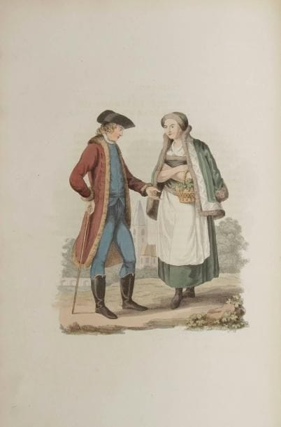 BERTRAND DE MOLEVILLE (Antoine François)
Costumes des États héréditaires de la maison d'Autriche. Londres: William Bulmer et comp. pour William Miller, 1804. - In-4, (2 ff.), xxviii pp., (51 ff.), 50 planches. Demi-chagrin marron, plats de veau havane ornés de deux roulettes en bordures, l'une dorée à motif de feuilles stylisées et l'autre à froid à motif de palmette, feuilles de vignes dorées aux angles, large motif en losange doré au centre, dos à nerfs orné de motifs à froid, roulette dorée sur les chasses, tranches dorées (plats de l'époque, dos postérieur). Colas, 1610. Édition originale de ce bel ouvrage bilingue, français-anglais, consacré aux "costumes les plus remarquables dans les États héréditaires de la Maison d'Autriche", c?est-à-dire du château et comté d'Habsbourg, du royaume de Hongrie et de celui de Bohème. L'ouvrage comporte 50 planches de costumes gravées à l'aquatinte par William Ellis et William Poole et soigneusement coloriées à l'époque, réalisées d'après l'ouvrage de Kininger publié à Vienne en 1803. La rédaction de l'introduction et l'explication des planches ont été confiées à l'homme d'État, intendant de Bretagne, Antoine François Bertrand de Moleville (1744-1818). L'édition fut imprimée sur papier vélin portant en filigrane le numéro ou la date de 1811. Reliure restaurée, dos refait, coins usés avec manques, charnières fendues. Légère décharge des figures sur les feuillets en regard.