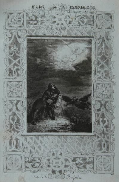 [BOULAY-PATY (Évariste)]
Élie Mariaker. Paris: Henri Dupuy, 1834. - In-8, frontispice, (2 ff.), CIV, 247 pp. Demi-maroquin rouge à la bradel, dos lisse orné de filets dorés, non rogné (reliure vers 1860). Rare édition originale de ce recueil de poésies amoureuses d'Évariste Boulay-Paty (1804-1864), publié sous le pseudonyme d'Élie Mariaker. Boulay-Paty était un poète breton, secrétaire du duc d'Orléans, puis bibliothécaire du Palais Royal à la suite d'Alexandre Dumas. L'édition débute par une vie d'Élie Mariaker; elle est illustrée d'un très beau frontispice gravé à l'eau-forte par Boisselat sur chine collé. EXEMPLAIRE DE LA COLLECTION DE CHARLES ASSELINEAU, avec son ex-libris. Le frontispice est imprimé sur papier de chine bleu. Exemplaire très bien conservé. Provenance: Charles Asselineau, avec ex-libris (cat. 1875, n° 87). - Gaston Prinet, avec ex-libris - Ex-libris avec les initiales PC et la devise "Mihi Tantum".