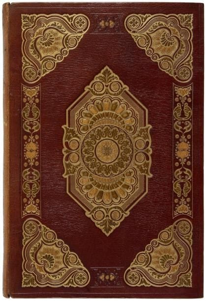 [GRANDVILLE] REYBAUD (Louis)
Jérôme Paturot à la recherche d'une position sociale. Paris: J.-J. Dubochet, Le Chevalier et Cie, 1846. - In-8, frontispice, (4 ff.), 460 pp., 31 planches. Maroquin marron à long grain, plats ornés d'un décor composé de larges écoinçons à motifs de volutes et palmettes dorées et mosaïquées de maroquin vert et ocre, entre lesquels figure un compartiment rectangulaire aux extrémités arrondies et orné de motifs de feuilles stylisées dorées et mosaïquées de maroquin vert et ocre sur les côtés droit et gauche, et de motifs à froid et mosaïqués de maroquin ocre en haut et en bas, grande plaque restauration dorée et mosaïquée de maroquin vert et ocre, dos lisse orné dans le même esprit, non rogné (reliure de l'époque). Première édition illustrée, ornée de nombreuses vignettes dans le texte et de 32 planches, dont le frontispice, gravées sur bois d'après GRANDVILLE. Jérôme Paturot est un jeune bourgeois faible et naïf, fils et petit-fils de bonnetiers, qui se croit bon à tout et qui tente par tous les moyens de se faire une place dans le monde. Ses aventures, à travers différents milieux de la société sous la Monarchie de Juillet, tournent toutes mal. Dans cette histoire, Reybaud fait, à travers son personnage, une sorte de résumé de tout ce qui se faisait à l'époque pour atteindre une position sociale, et dénonce les travers de la société du temps en se moquant des écrivains romantiques, des femmes de lettres, des peintres, et en s'attaquant à la stupidité bourgeoise, à la corruption administrative, à la Presse, etc. C?est à contrecoeur que Grandville illustra ce livre, il le fit cependant avec talent et humour signant là l'une de ses plus jolies productions. L'illustration face à la page 132 représente une assemblée d'écrivains et d'artistes, composée de Balzac, Dumas, Hugo, Stendhal, Berlioz, Litz, etc. Belle reliure mosaïquée de l'époque. Dos fané, quelques frottements. Rousseurs éparses, traces de mouillures à la fin. Provenance: Alexis Rouart (1833-1911), avec ex-libr