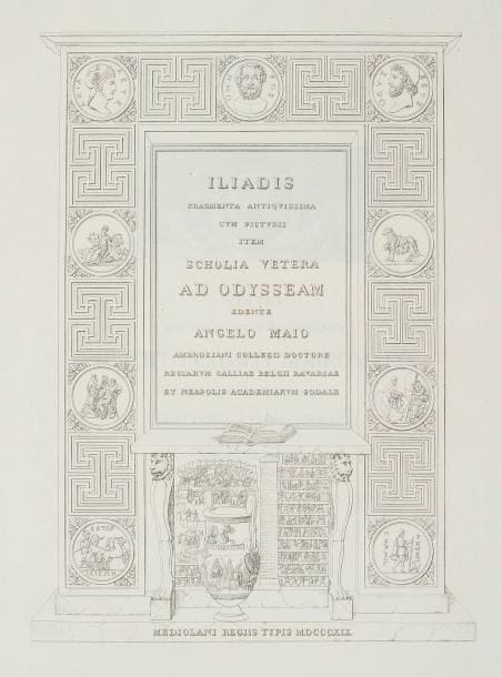 HOMERE
Iliadis fragmenta antiquissima cum picturis item scholia vetera ad Odysseam edente Angelo Maio. Mediolani [Milan: Regiis typis], 1819. - Grand in-folio, (4 ff.), LVI pp., (2 ff.), LVIII ff., pp. LIX-LXX, 163 pp. Demi-parchemin blanc à petits coins, dos lisse orné (reliure de l'époque). Belle et monumentale édition réunissant des fragments de l'Iliade tirés d'un manuscrit vraisemblablement du VIe siècle de la bibliothèque Ambrosienne de Milan et des scholies de l'Odyssée entièrement imprimées en grec sur deux colonnes d'après un manuscrit du XIIIe siècle. L'édition est illustrée d'un titre gravé et de 63 vignettes gravées au trait dont 58 pour les fragments tirées directement du manuscrit. Bel exemplaire en reliure de l'époque, dans un parfait état de fraîcheur. Début de fente à une charnière, sans gravité, deux coins abîmés.