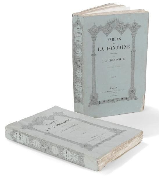 LA FONTAINE (Jean de)
Fables de La Fontaine illustrées par J. J. Grandville. Nouvelle édition. Paris: H. Fournier aîné, 1838-1839. - 2 volumes in-8, front., (2 ff.), XXVIII, 292 pp., 72 pl.; (2 ff.), 312 pp., 48 pl., couverture illustrée. Broché, non rogné. Édition parmi les plus belles de l'époque romantique, illustrée d'un frontispice sur chine et de 120 planches, le tout gravé sur bois d'après les dessins de GRANDVILLE. Second tirage de l'illustration s'identifiant par l'absence de point à la fin des légendes des planches. Précieux exemplaire broché dans un très bon état de conservation malgré un petit manque à l'angle inférieur de la couverture du tome 1. Rares rousseurs.
